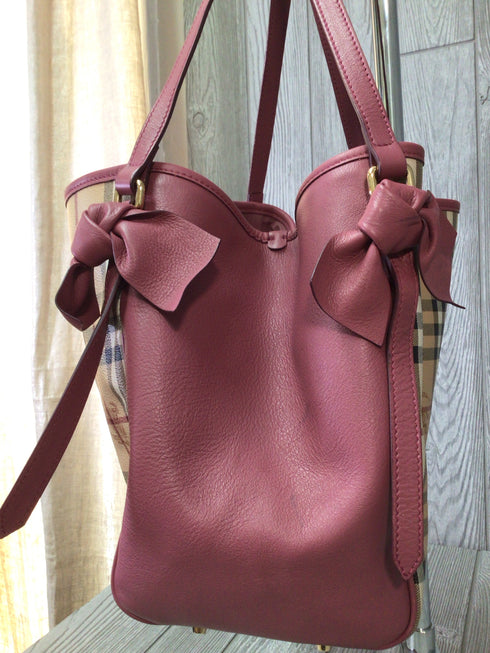 Burberry Haymarket Canter Panel Bow Tote Small Raspberry